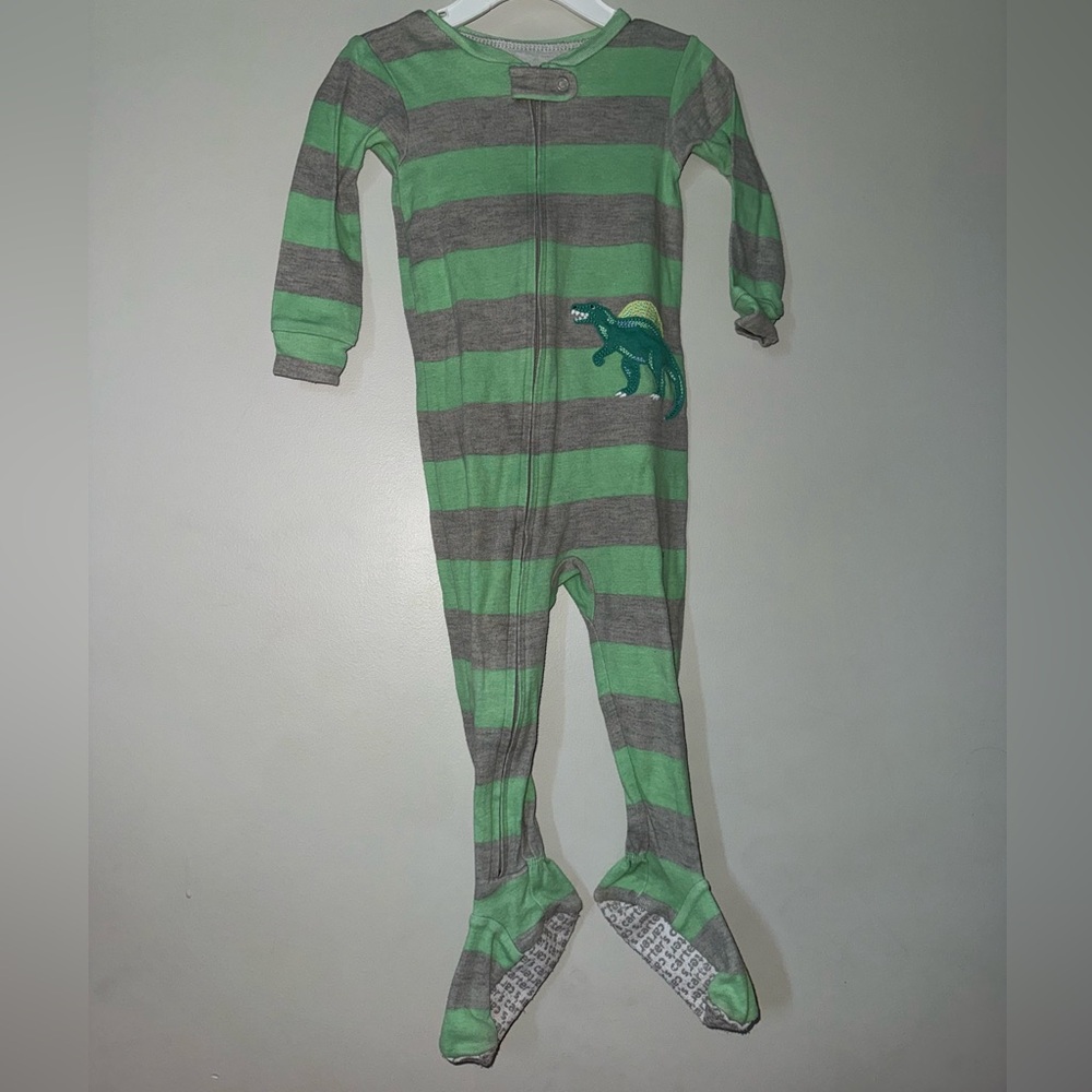 Carter's Green and Gray Striped Footies with Dinosaur Appliqué